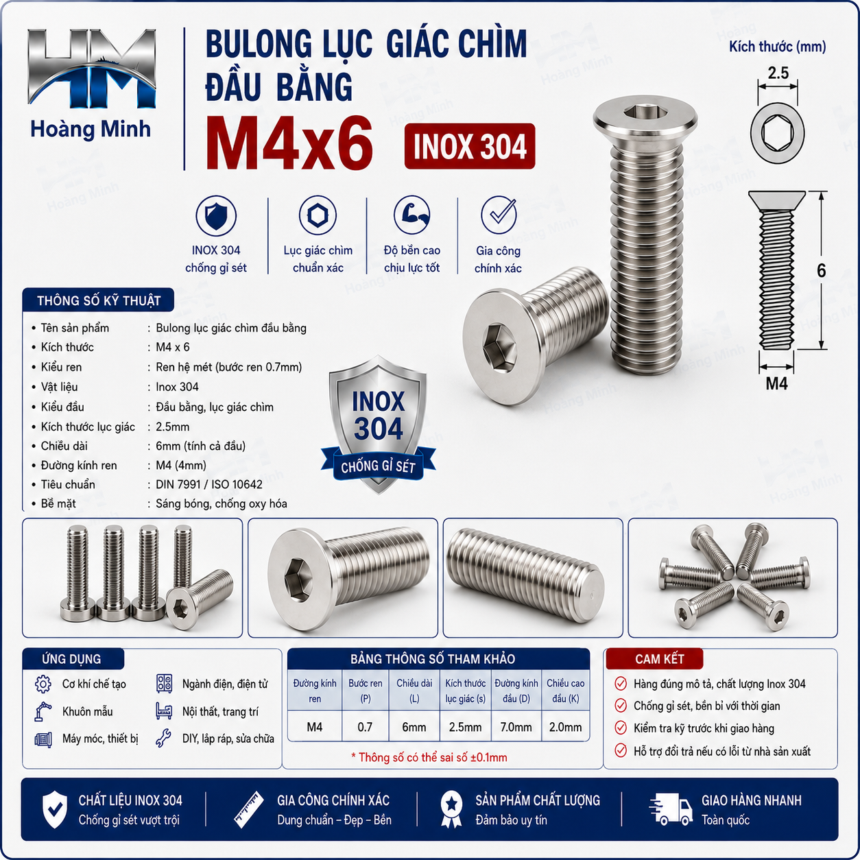 Bulong Lục Giác Chìm Đầu Bằng M4x6 Inox 304
