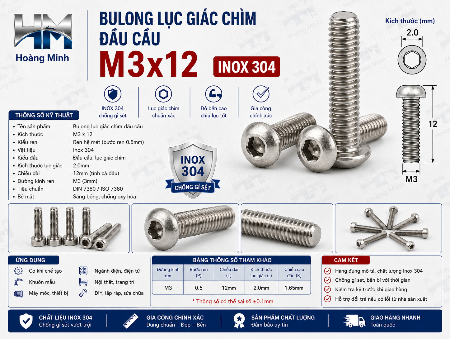 Alternative view of Bulong Lục Giác Chìm Đầu Cầu M3x12 Inox 304