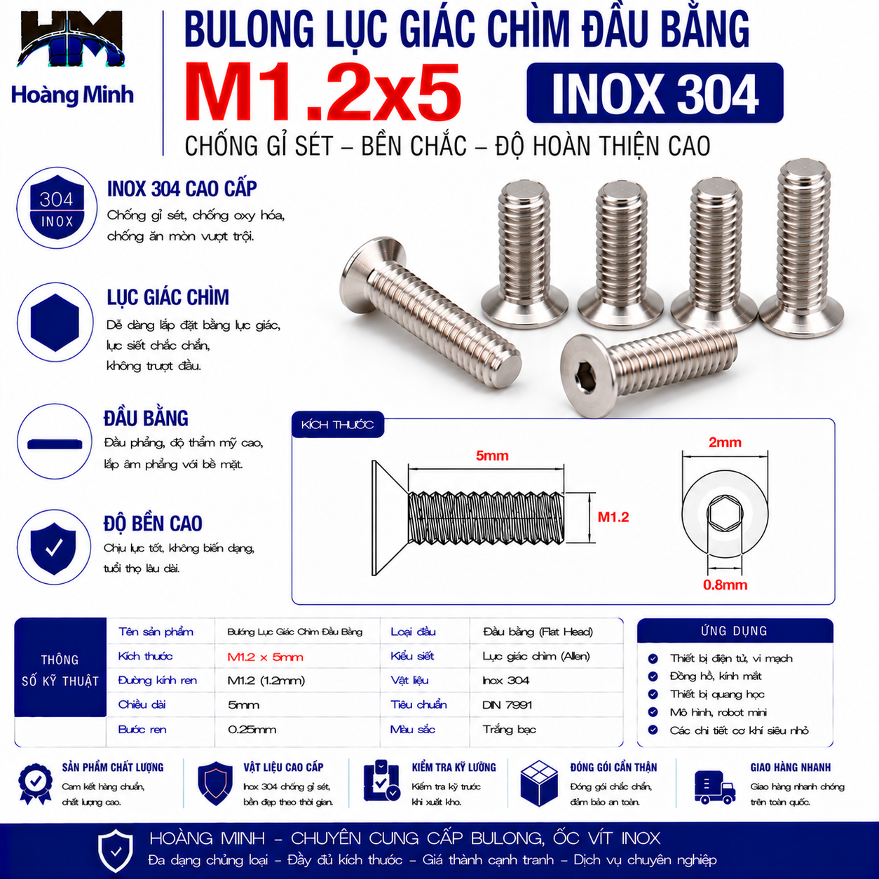 Bulong Lục Giác Chìm Đầu Bằng M1.2x5 Inox 304