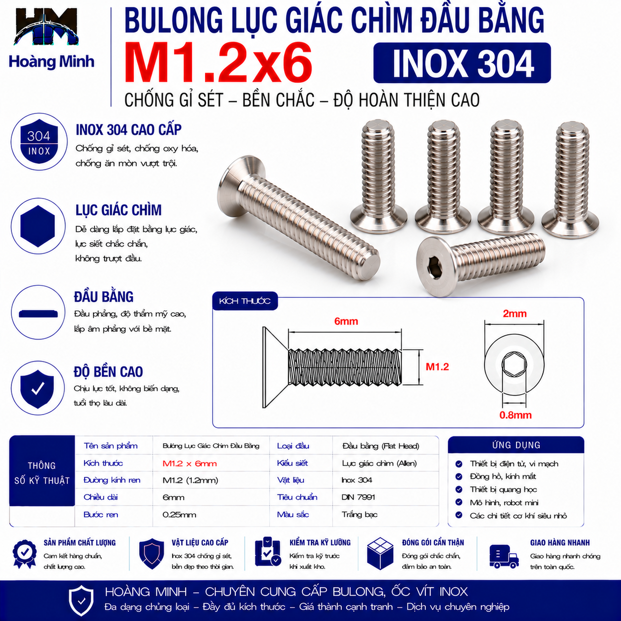 Bulong Lục Giác Chìm Đầu Bằng M1.2x6 Inox 304