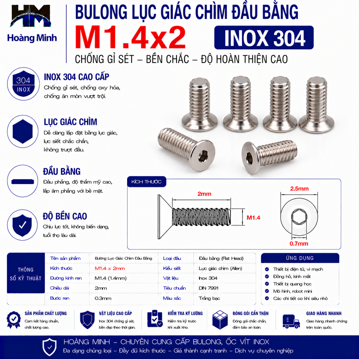Bulong Lục Giác Chìm Đầu Bằng M1.4x2 Inox 304