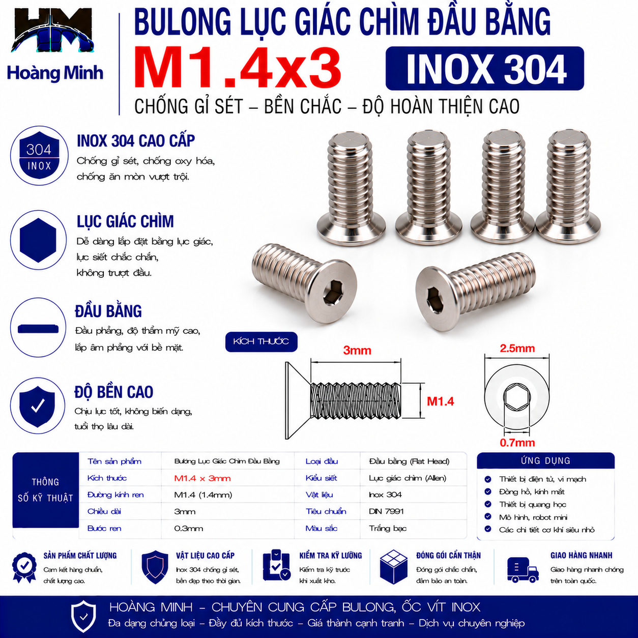 Bulong Lục Giác Chìm Đầu Bằng M1.4x3 Inox 304