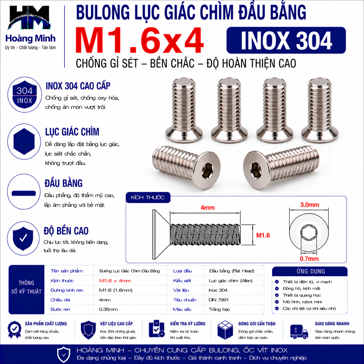 Bulong lục giác chìm đầu bằng M1.6x4 Inox 304