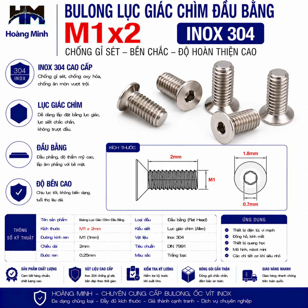 Bulong Lục Giác Chìm Đầu Bằng M1x2 Inox 304