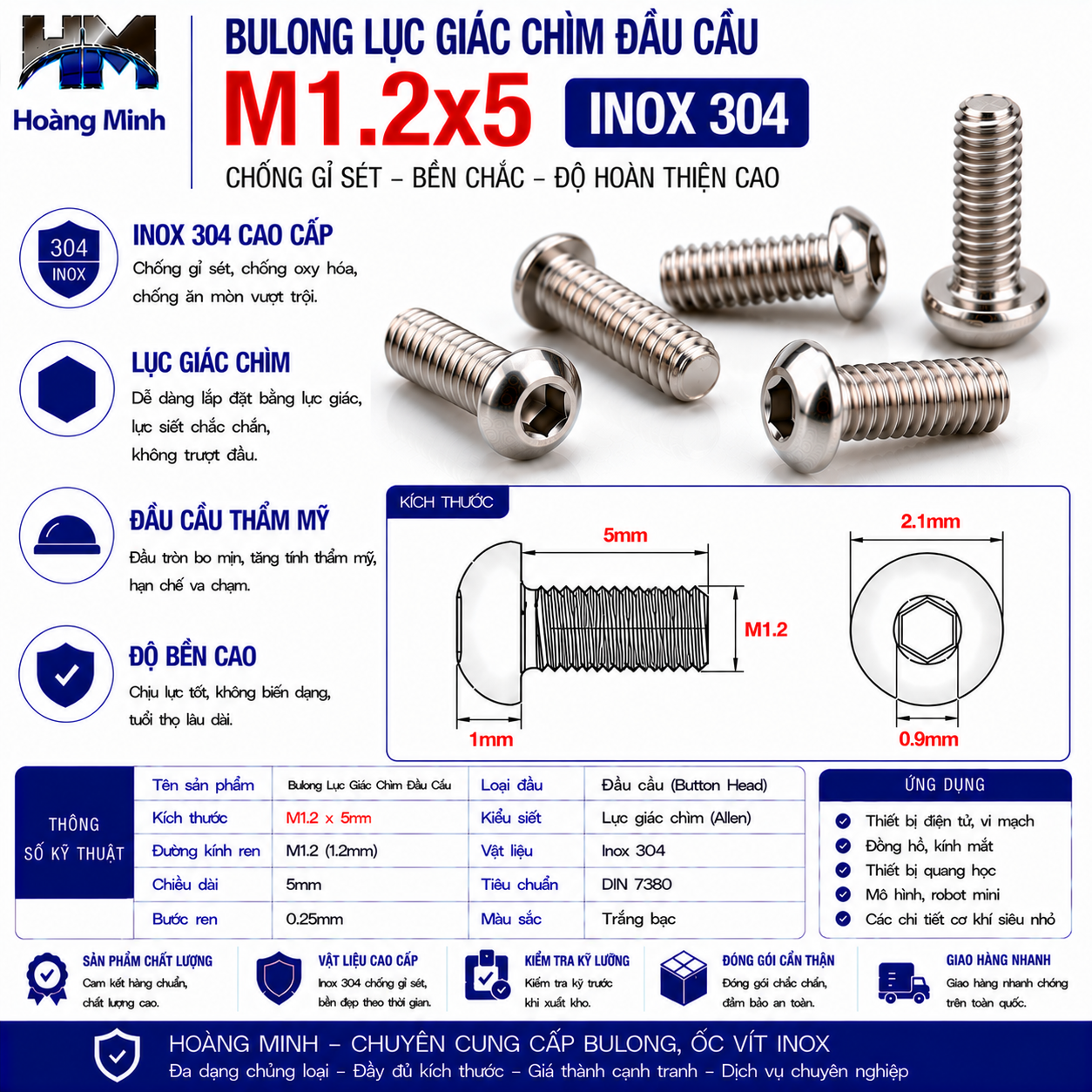 Bulong Lục Giác Chìm Đầu Cầu M1.2x5 Inox 304