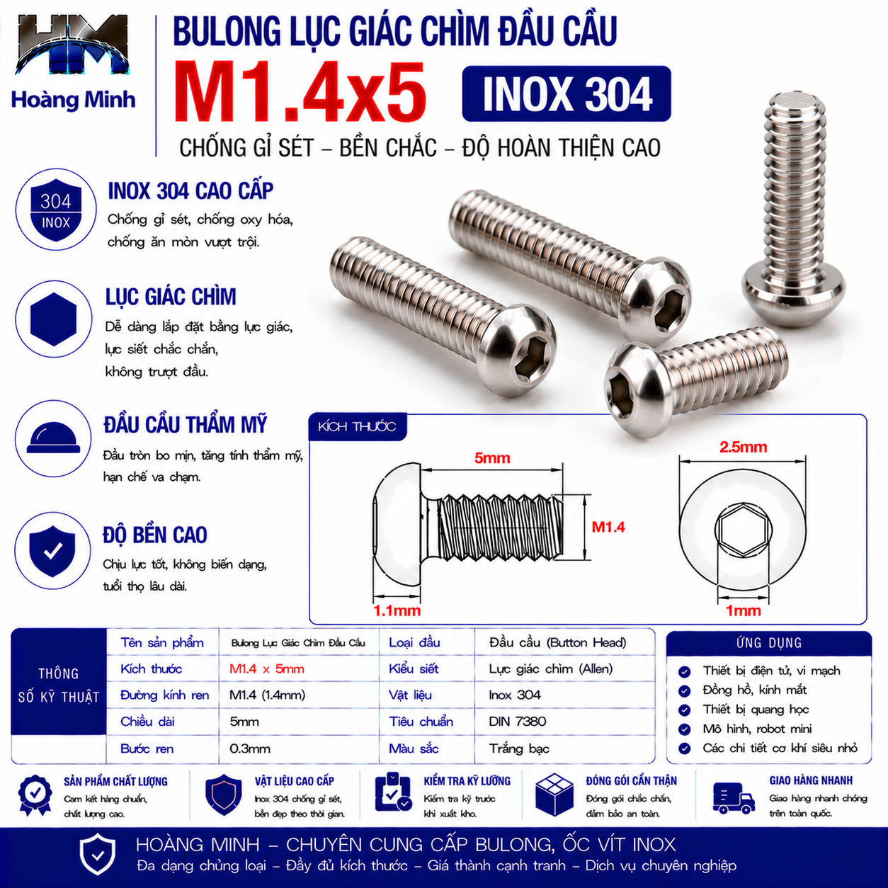 Bulong Lục Giác Chìm Đầu Cầu M1.4x5 Inox 304