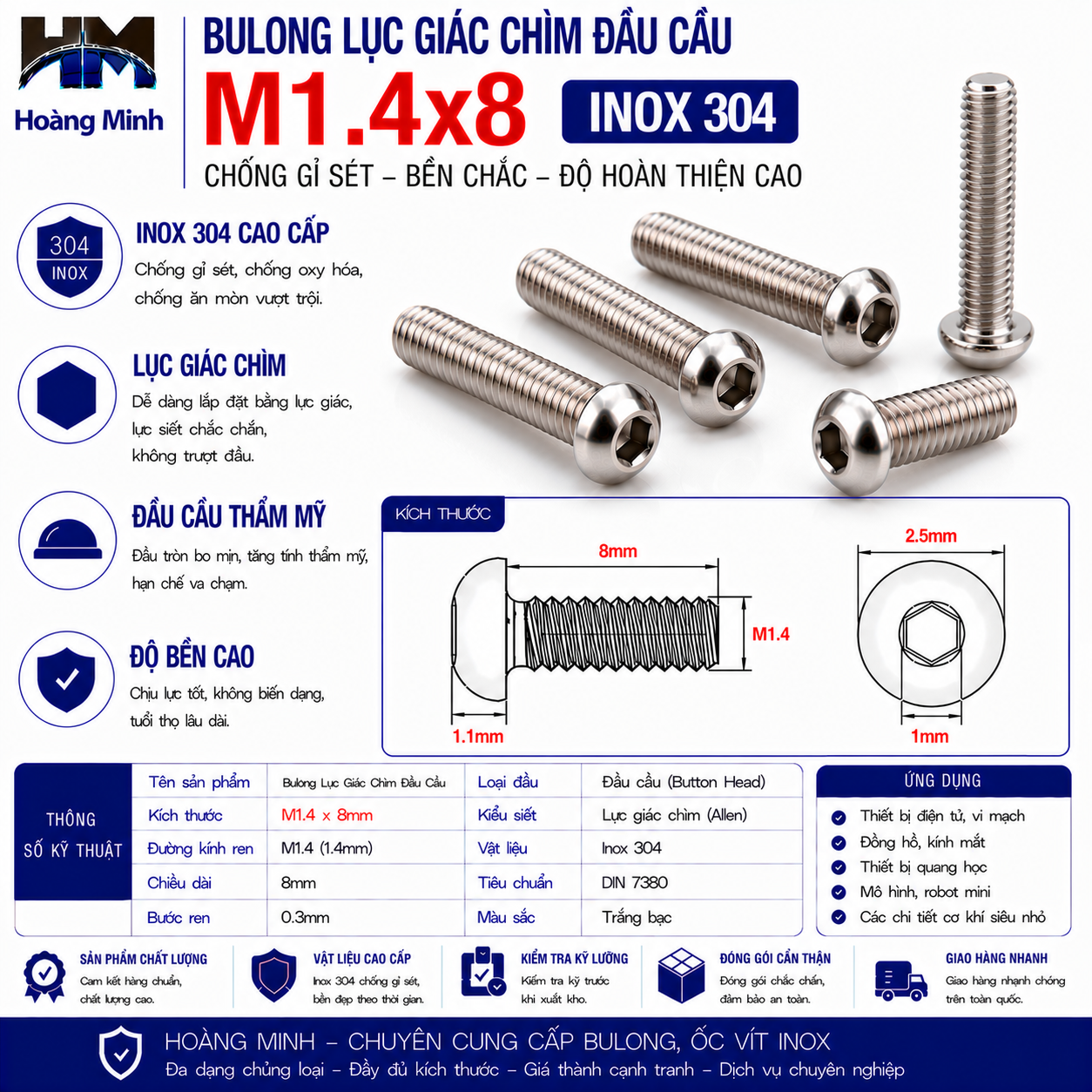 Bulong Lục Giác Chìm Đầu Cầu M1.4x8 Inox 304