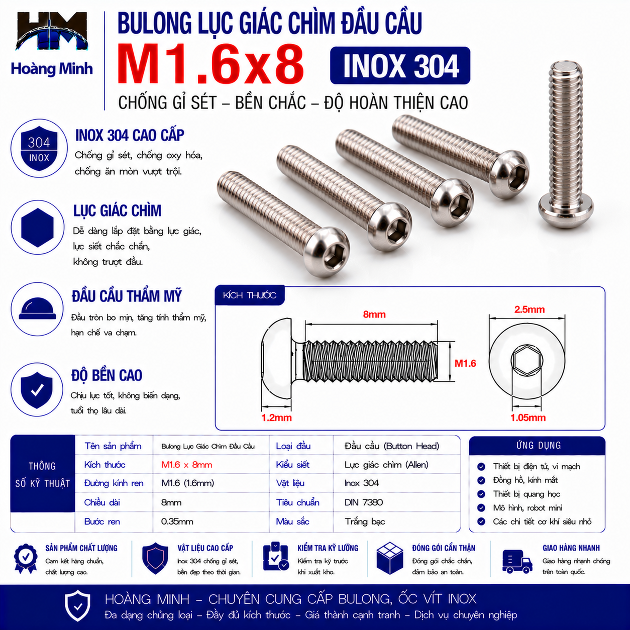 Bulong Lục Giác Chìm Đầu Cầu M1.6x8 Inox 304