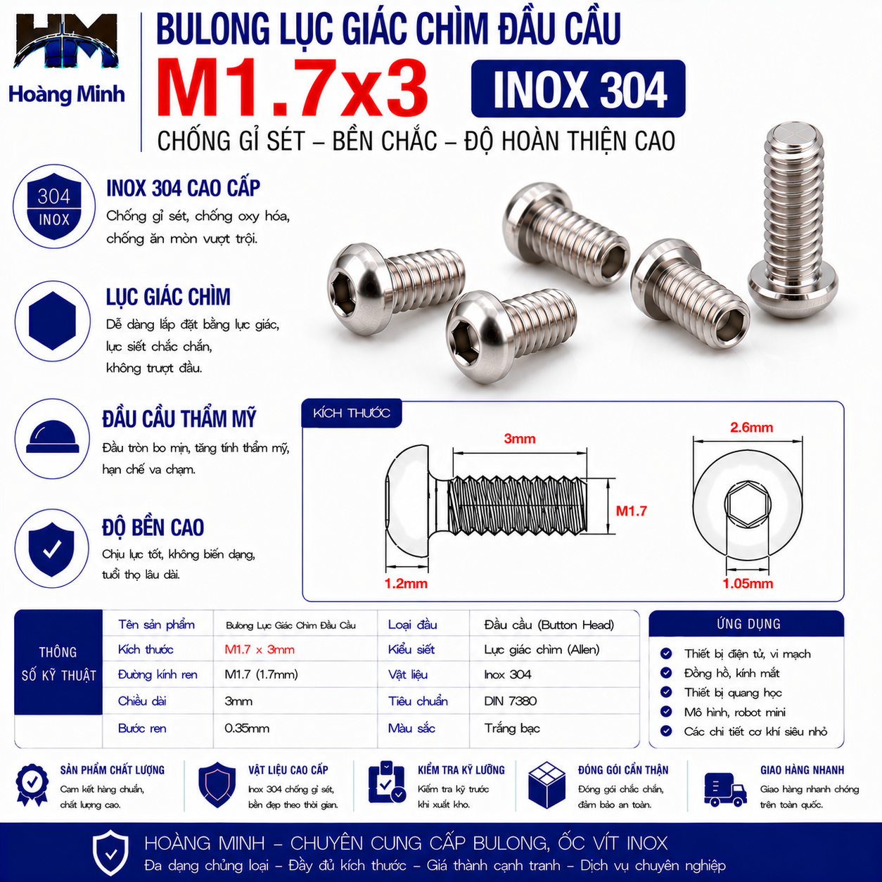 Bulong Lục Giác Chìm Đầu Cầu M1.7x3 Inox 304