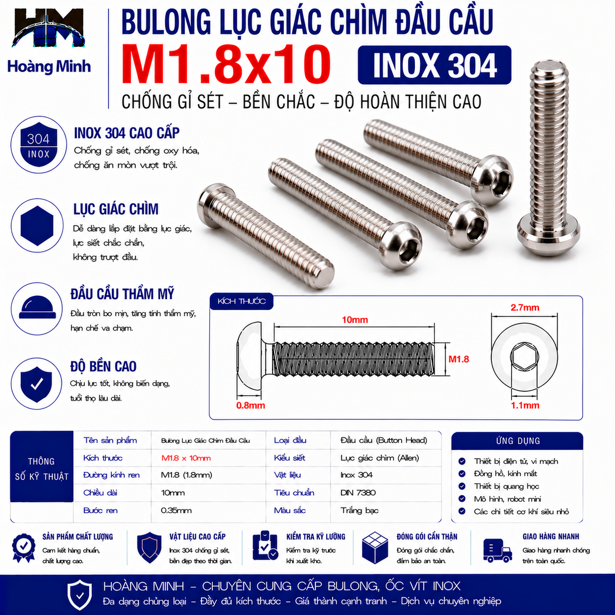 Bulong Lục Giác Chìm Đầu Cầu M1.8x10 Inox 304