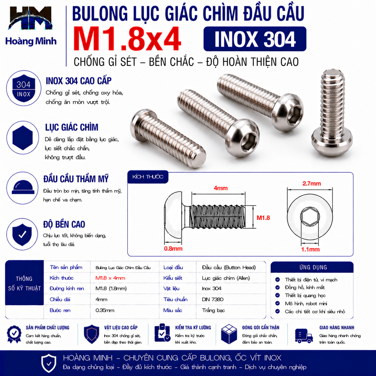 Bulong Lục Giác Chìm Đầu Cầu M1.8x4 Inox 304