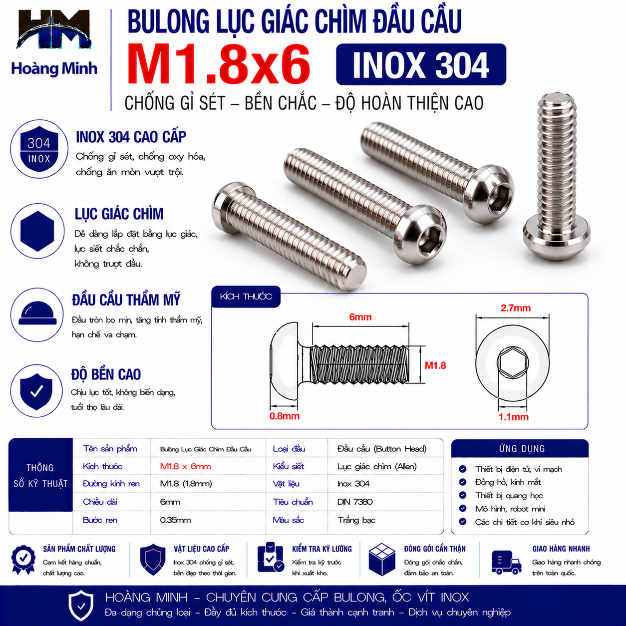 Bulong Lục Giác Chìm Đầu Cầu M1.8x6 Inox 304