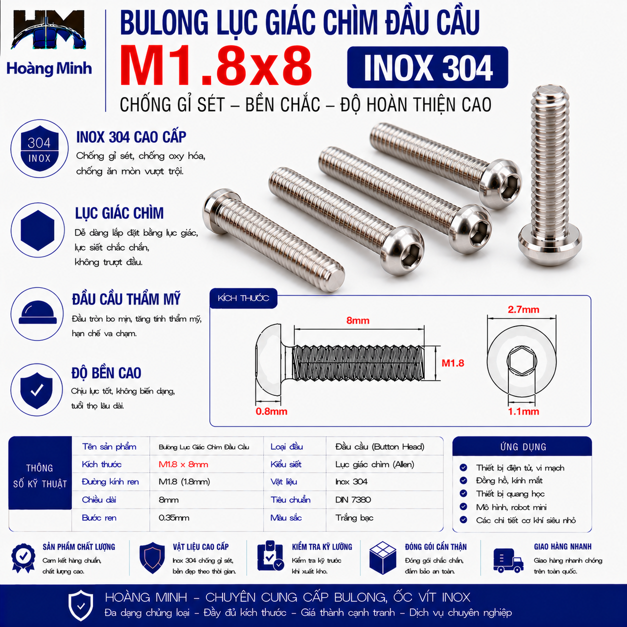 Bulong Lục Giác Chìm Đầu Cầu M1.8x8 Inox 304