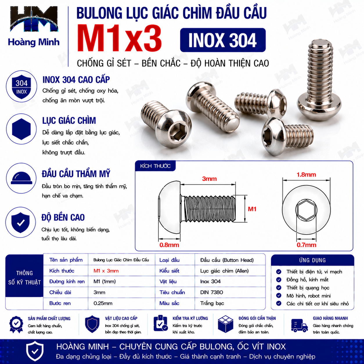 Bulong Lục Giác Chìm Đầu Cầu M1x3 Inox 304