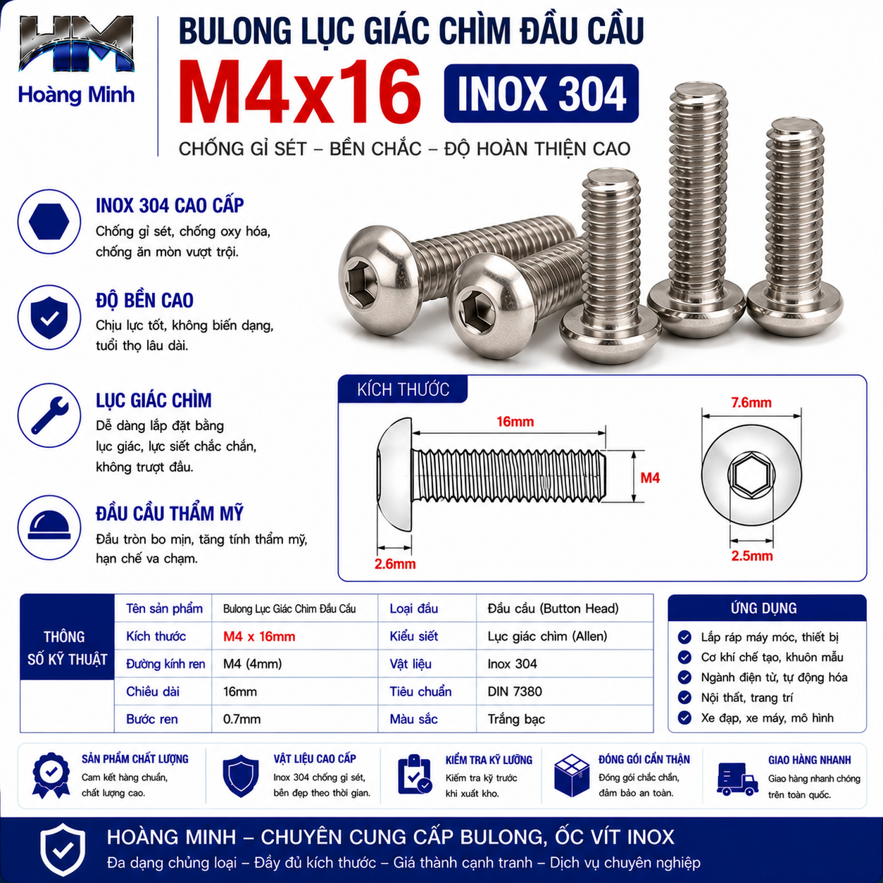 Bulong Lục Giác Chìm Đầu Cầu M4x16 Inox 304