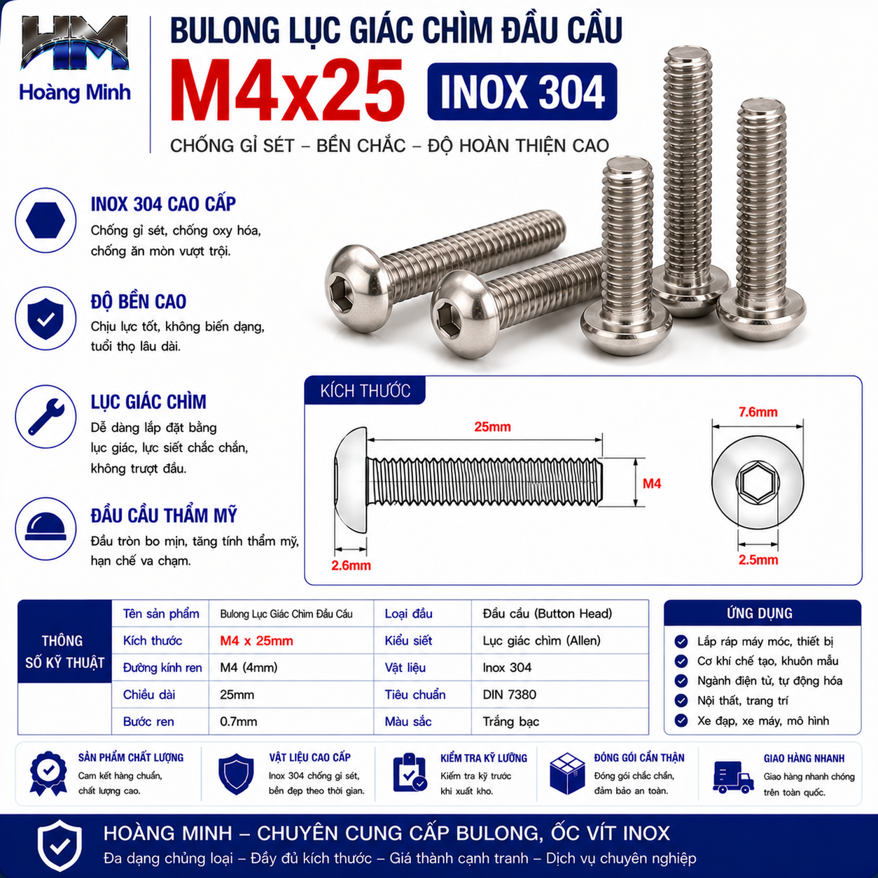 Bulong Lục Giác Chìm Đầu Cầu M4x25 Inox 304