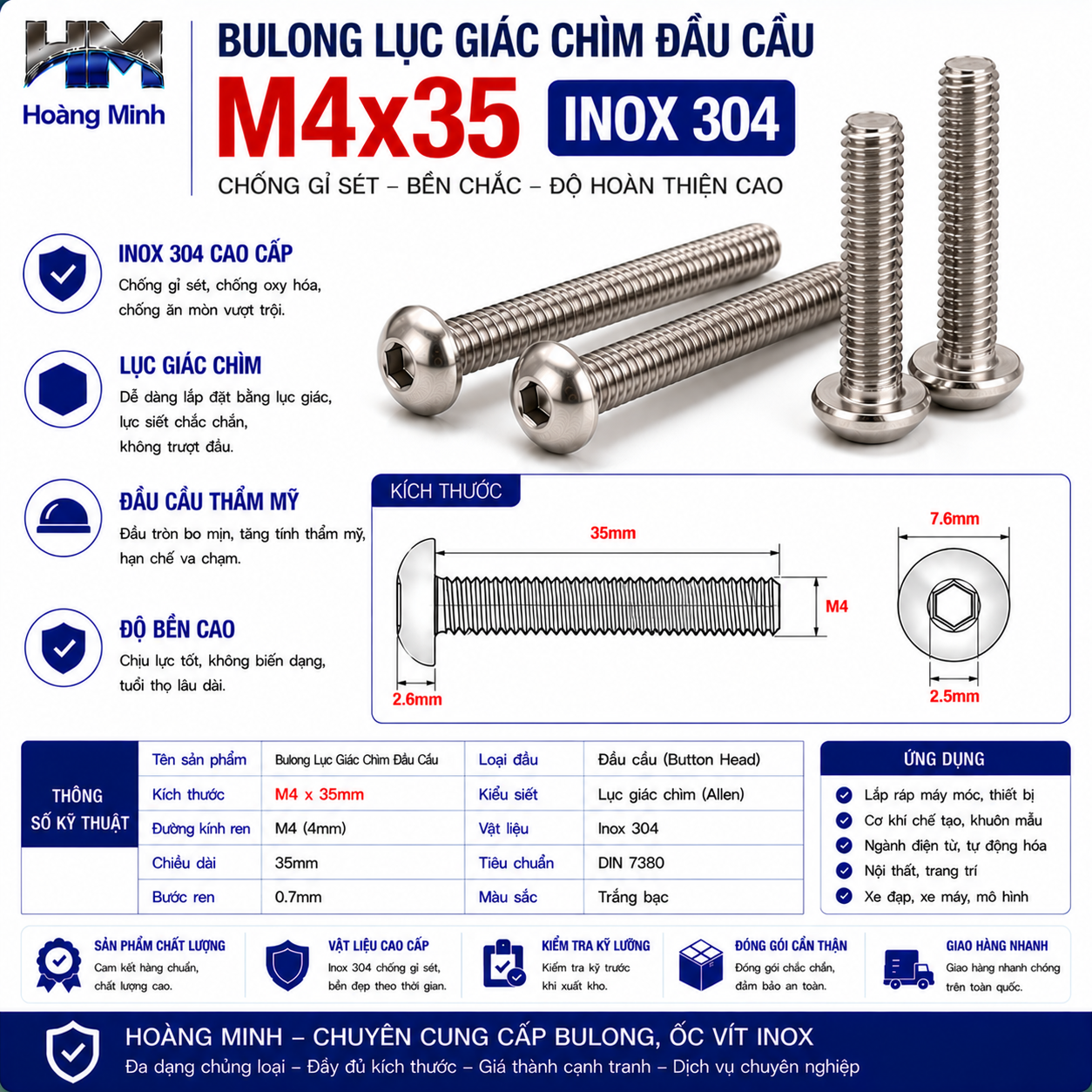 Bulong Lục Giác Chìm Đầu Cầu M4x35 Inox 304