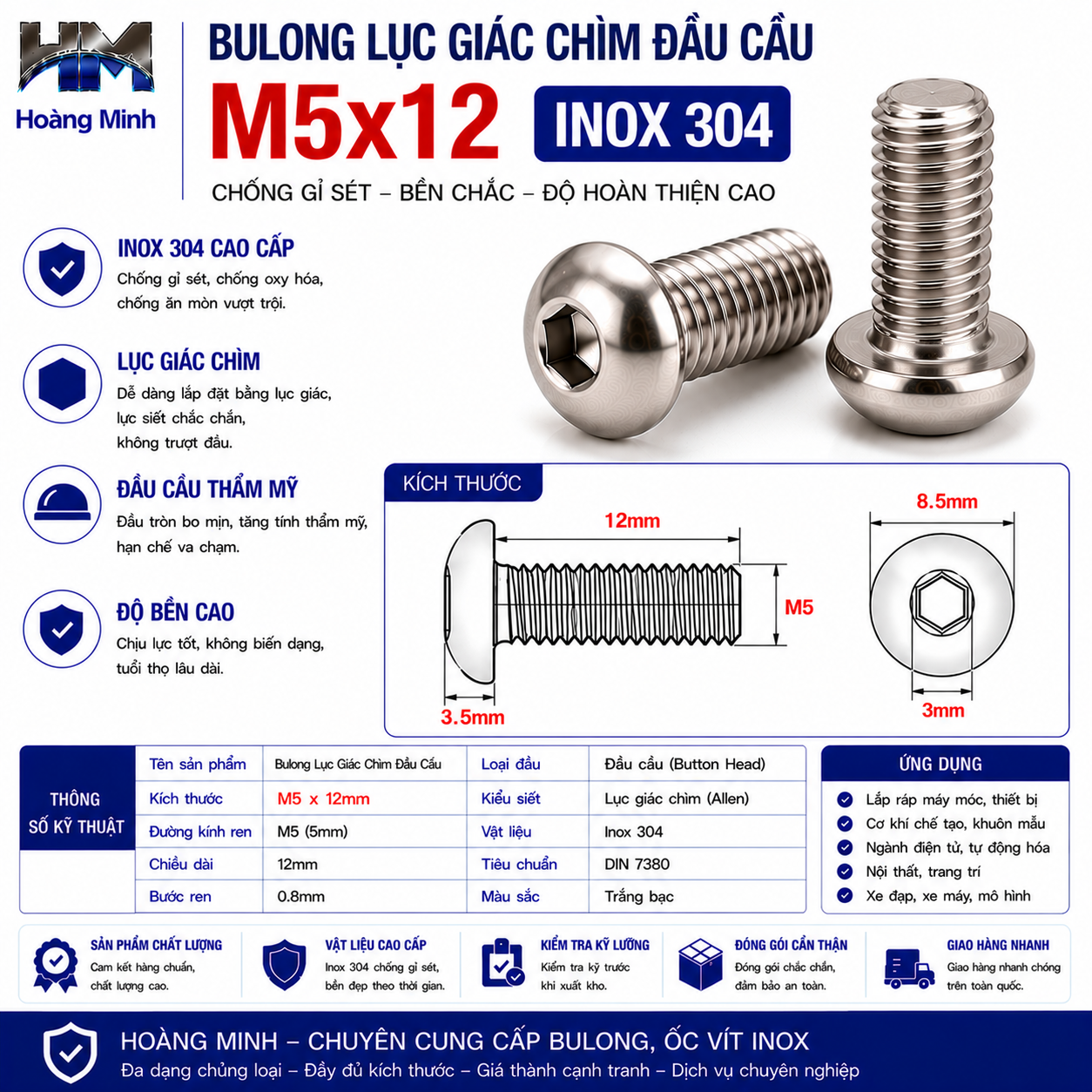 Bulong Lục Giác Chìm Đầu Cầu M5x12 Inox 304
