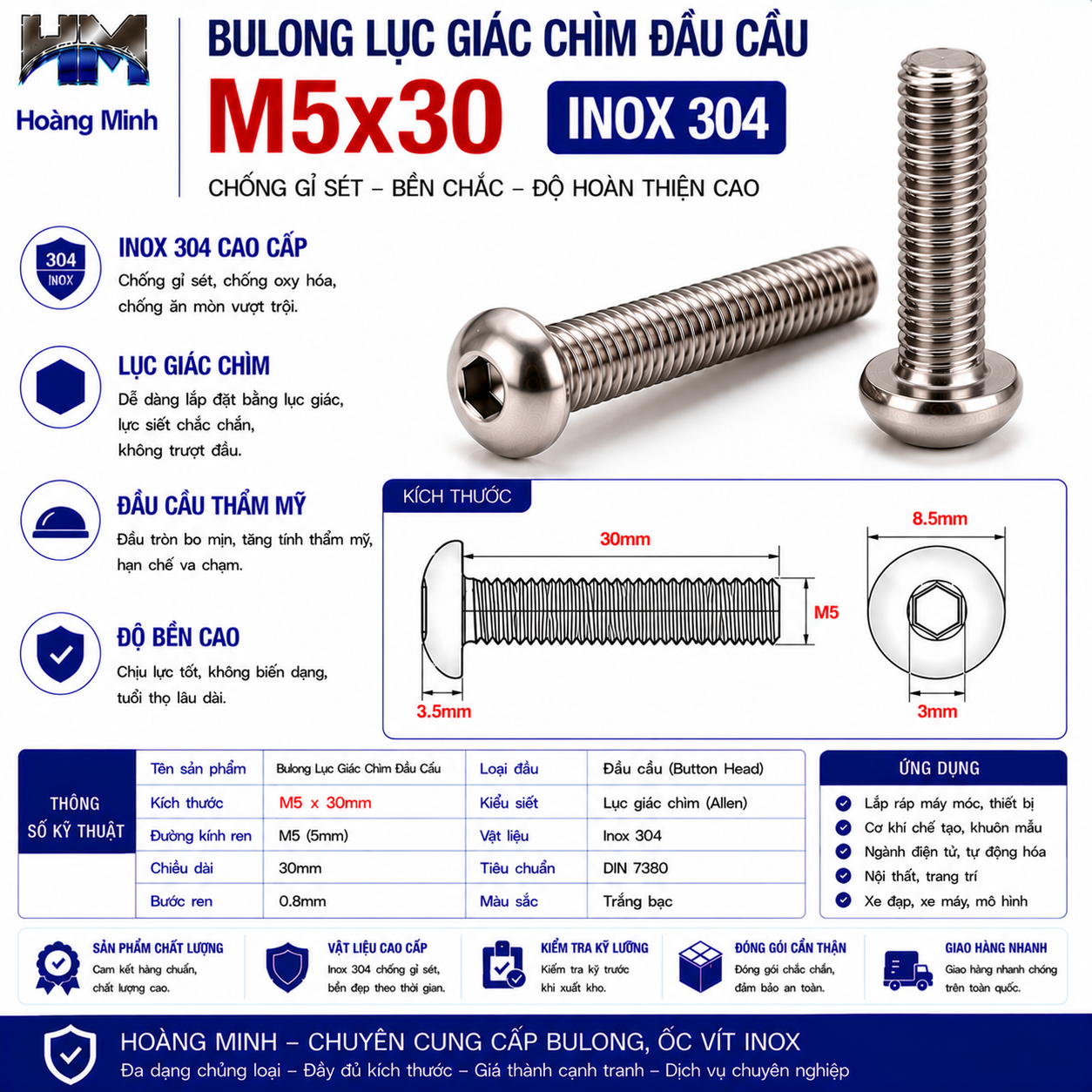 Bulong Lục Giác Chìm Đầu Cầu M5x30 Inox 304