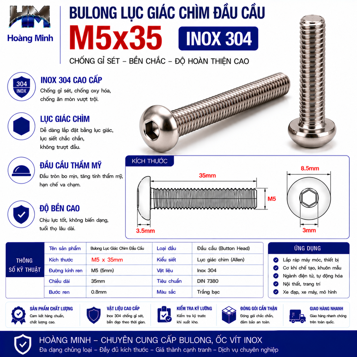 Bulong Lục Giác Chìm Đầu Cầu M5x35 Inox 304