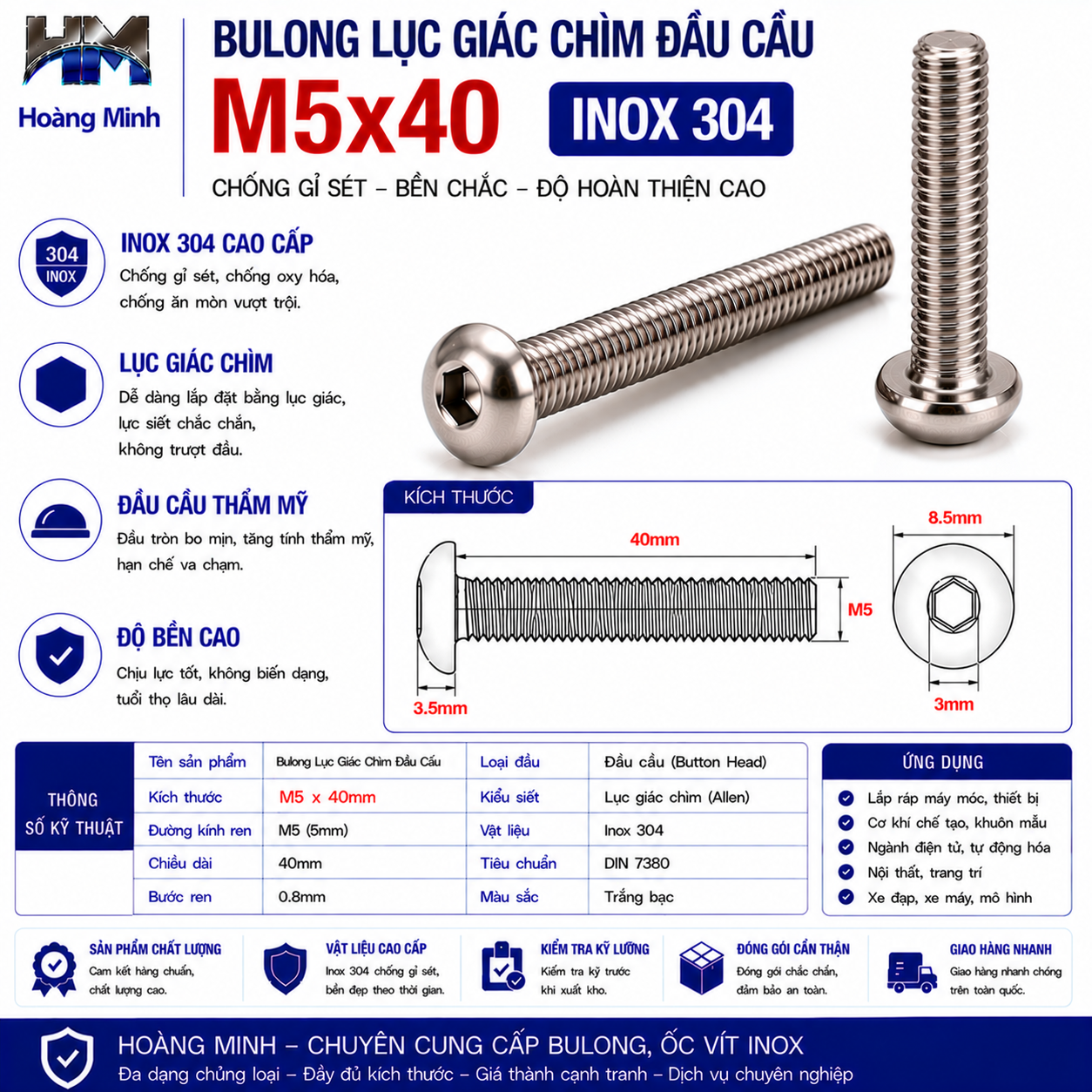 Bulong Lục Giác Chìm Đầu Cầu M5x40 Inox 304