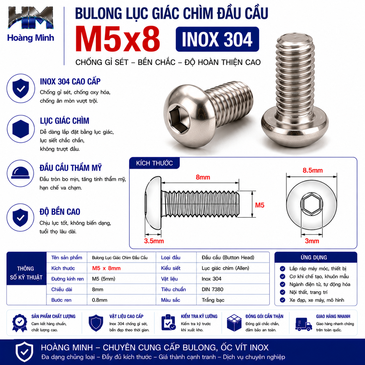 Bulong Lục Giác Chìm Đầu Cầu M5x8 Inox 304