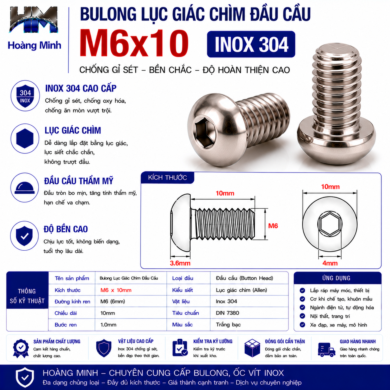 Bulong Lục Giác Chìm Đầu Cầu M6x10 Inox 304