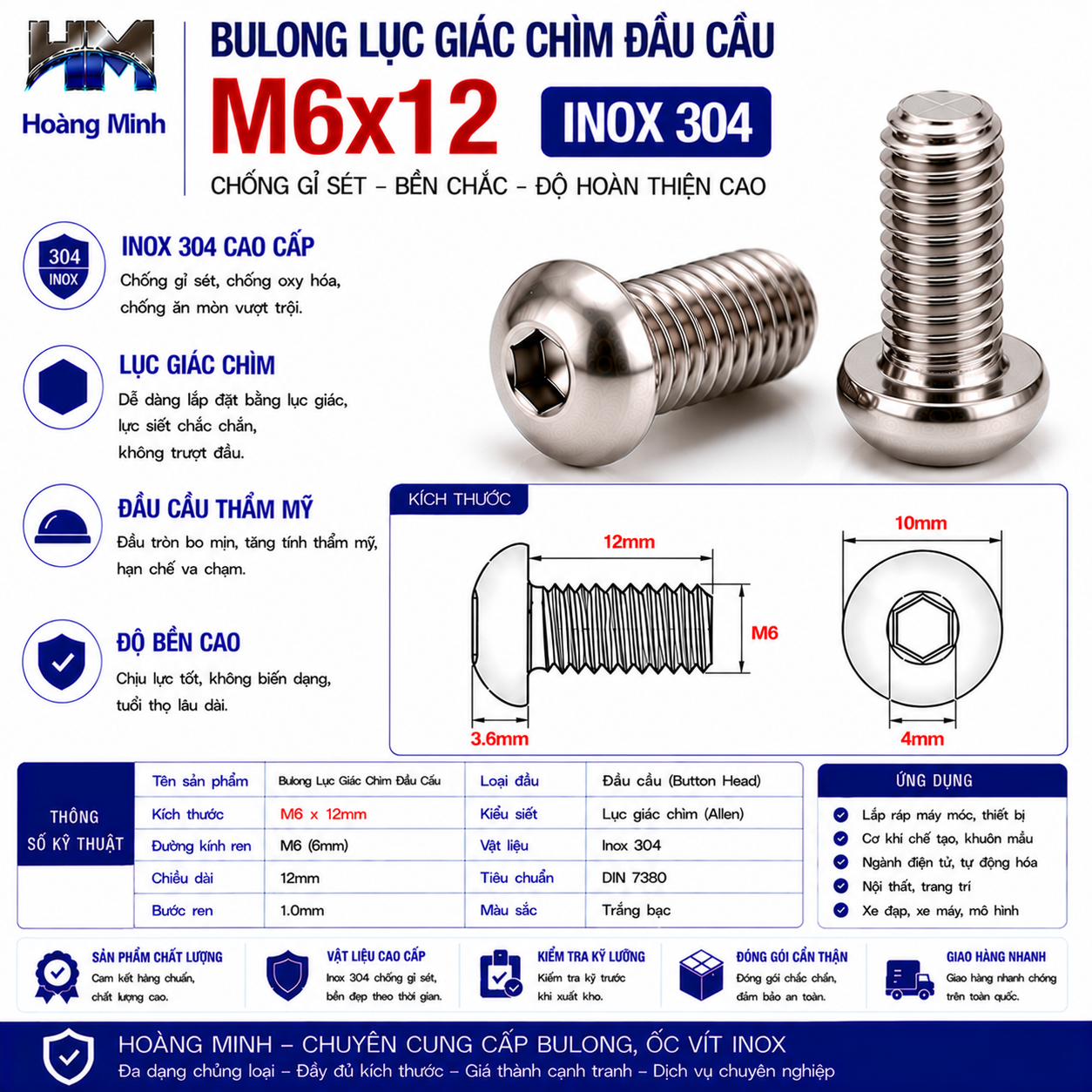 Bulong Lục Giác Chìm Đầu Cầu M6x12 Inox 304