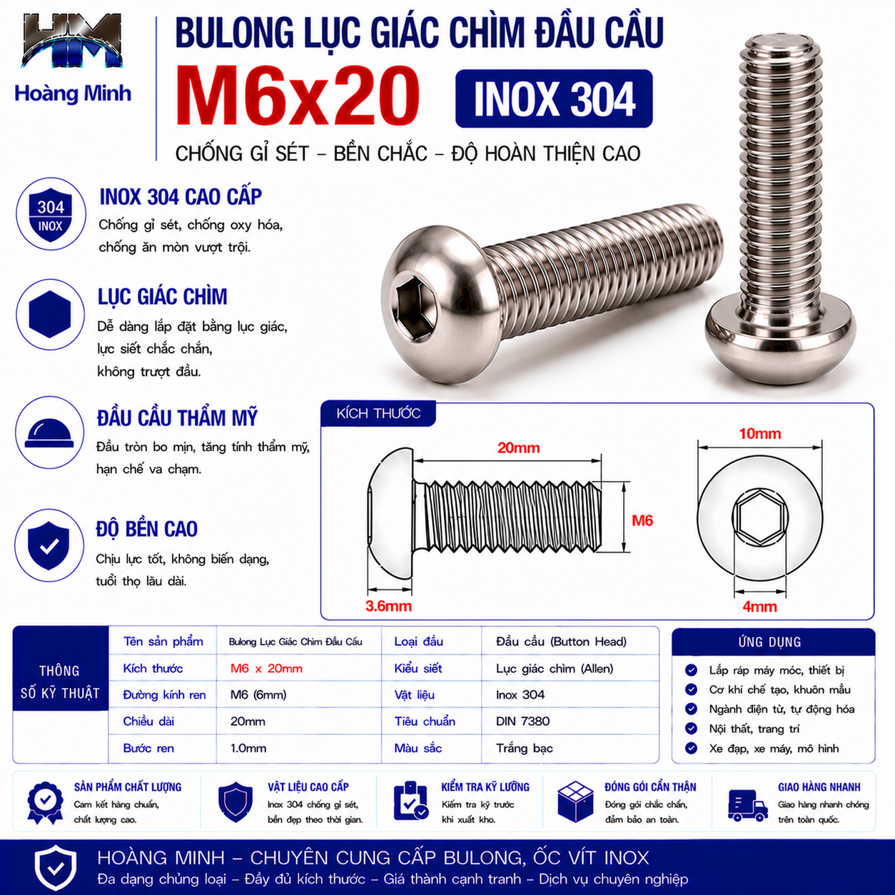 Bulong Lục Giác Chìm Đầu Cầu M6x20 Inox 304