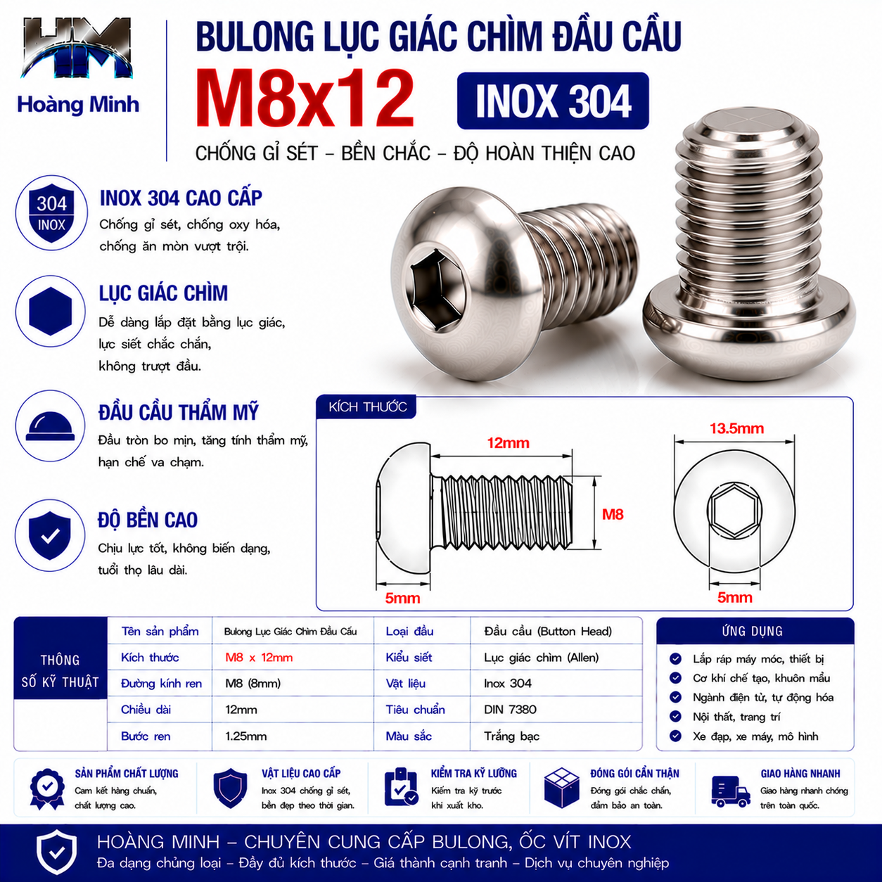 Bulong Lục Giác Chìm Đầu Cầu M8x12 Inox 304