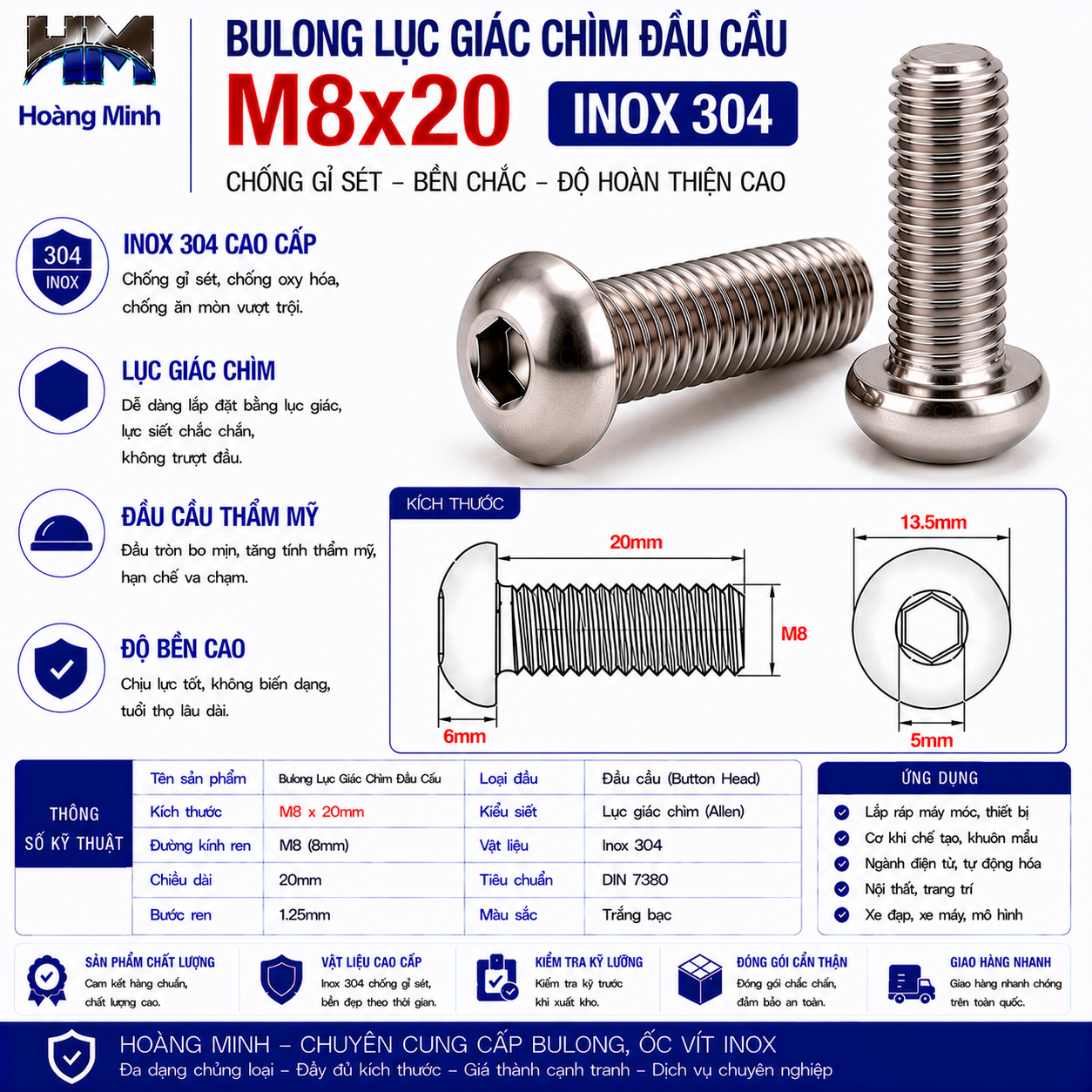 Bulong Lục Giác Chìm Đầu Cầu M8x20 Inox 304