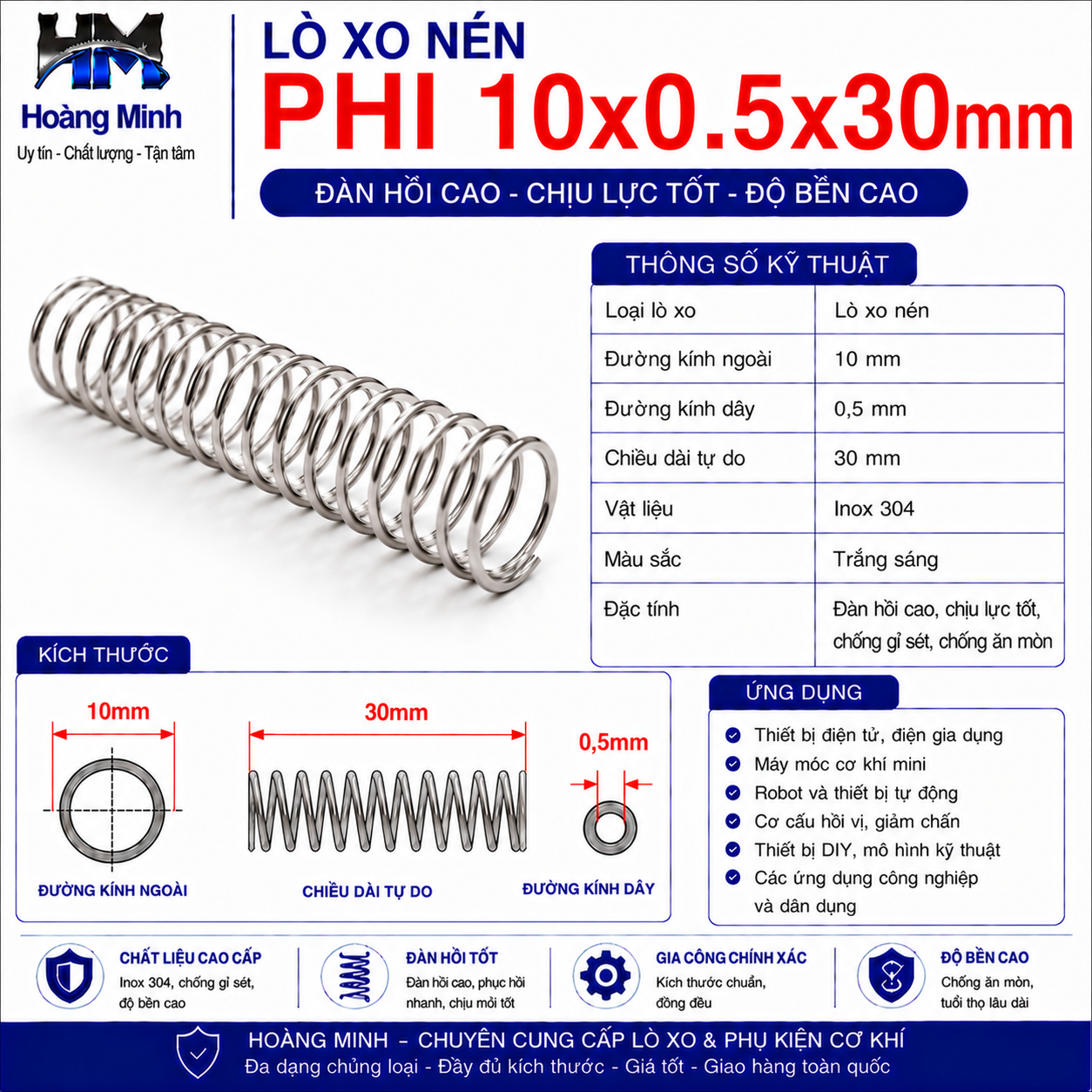 Lò xo nén phi 10x0.5x30mm