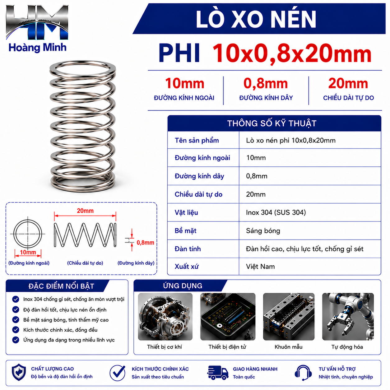 Lò xo nén phi 10x0,8x20mm