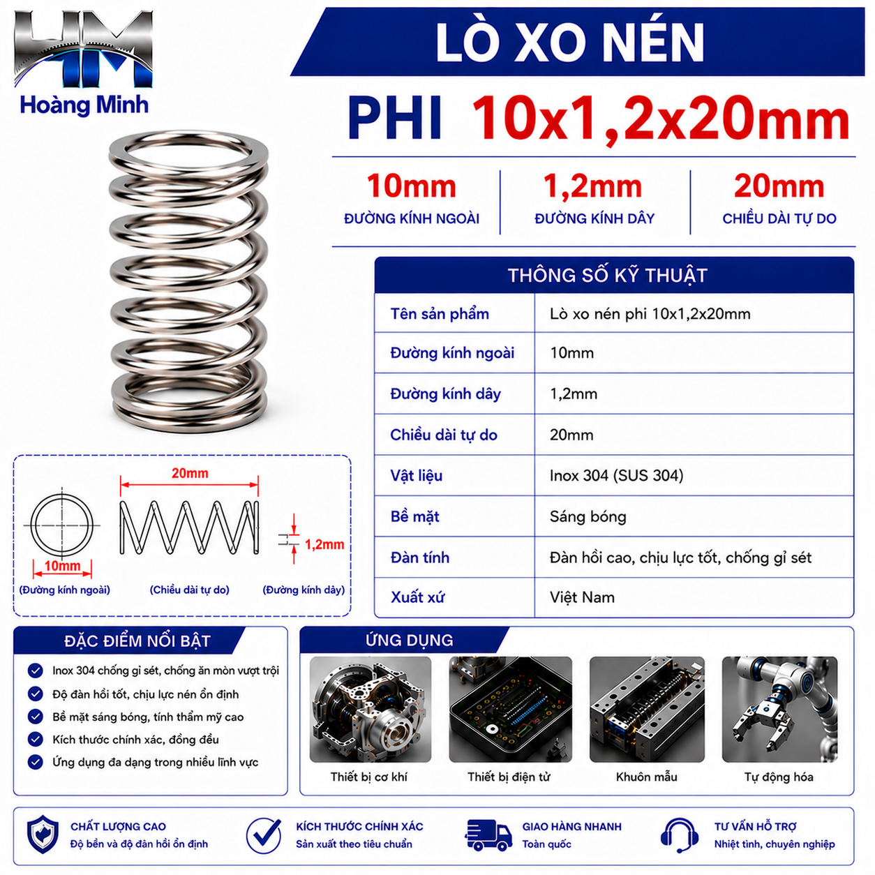 Lò xo nén phi 10x1.2x20mm