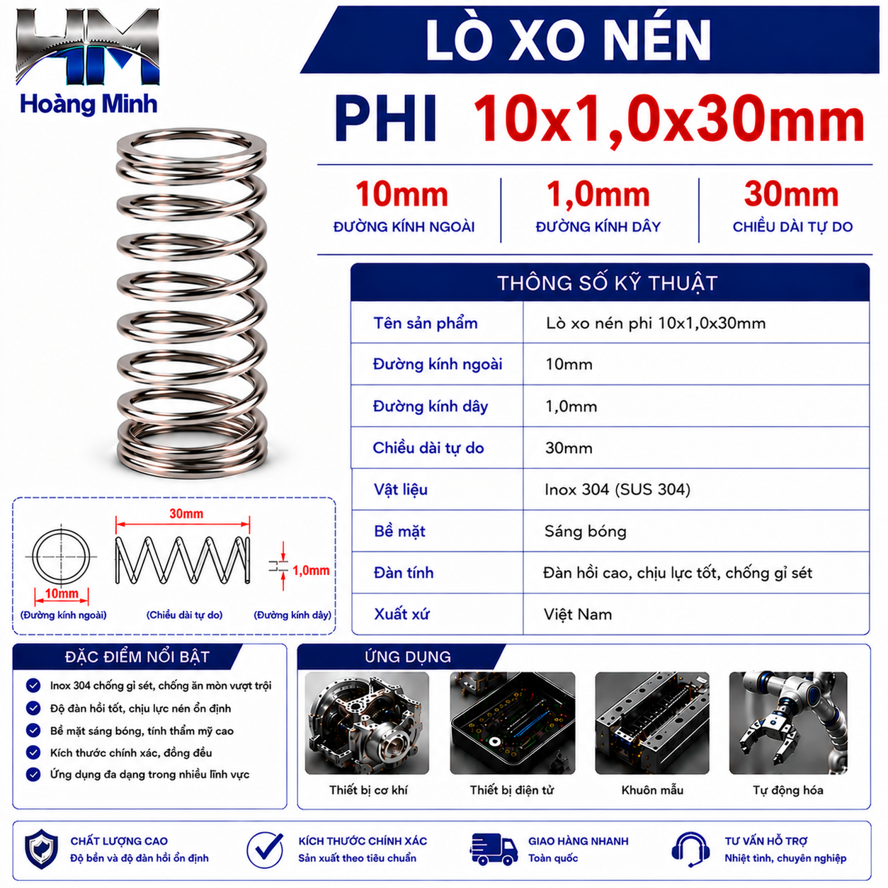 Lò xo nén phi 10x1,0x30mm