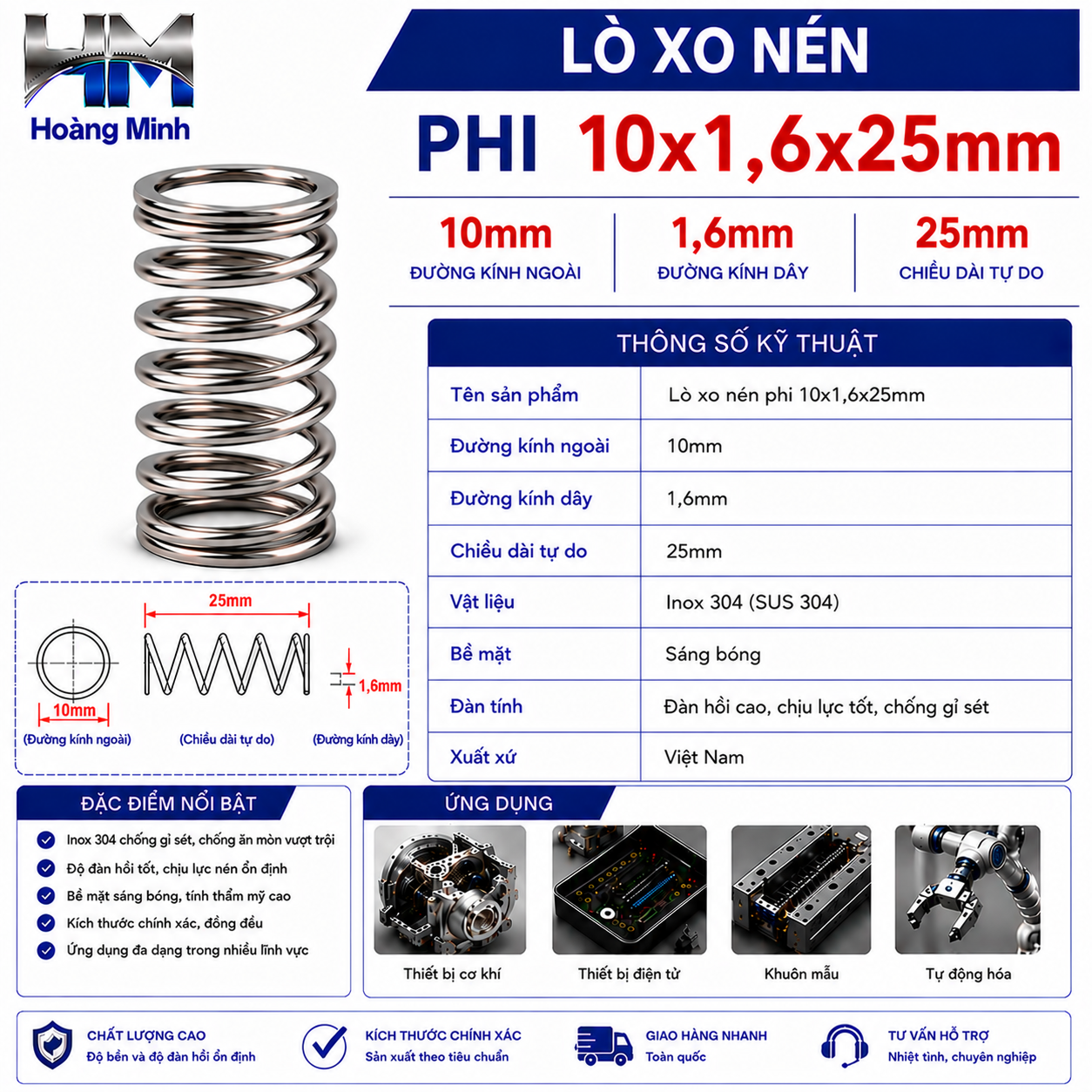 Lò xo nén phi 10x1,6x25mm