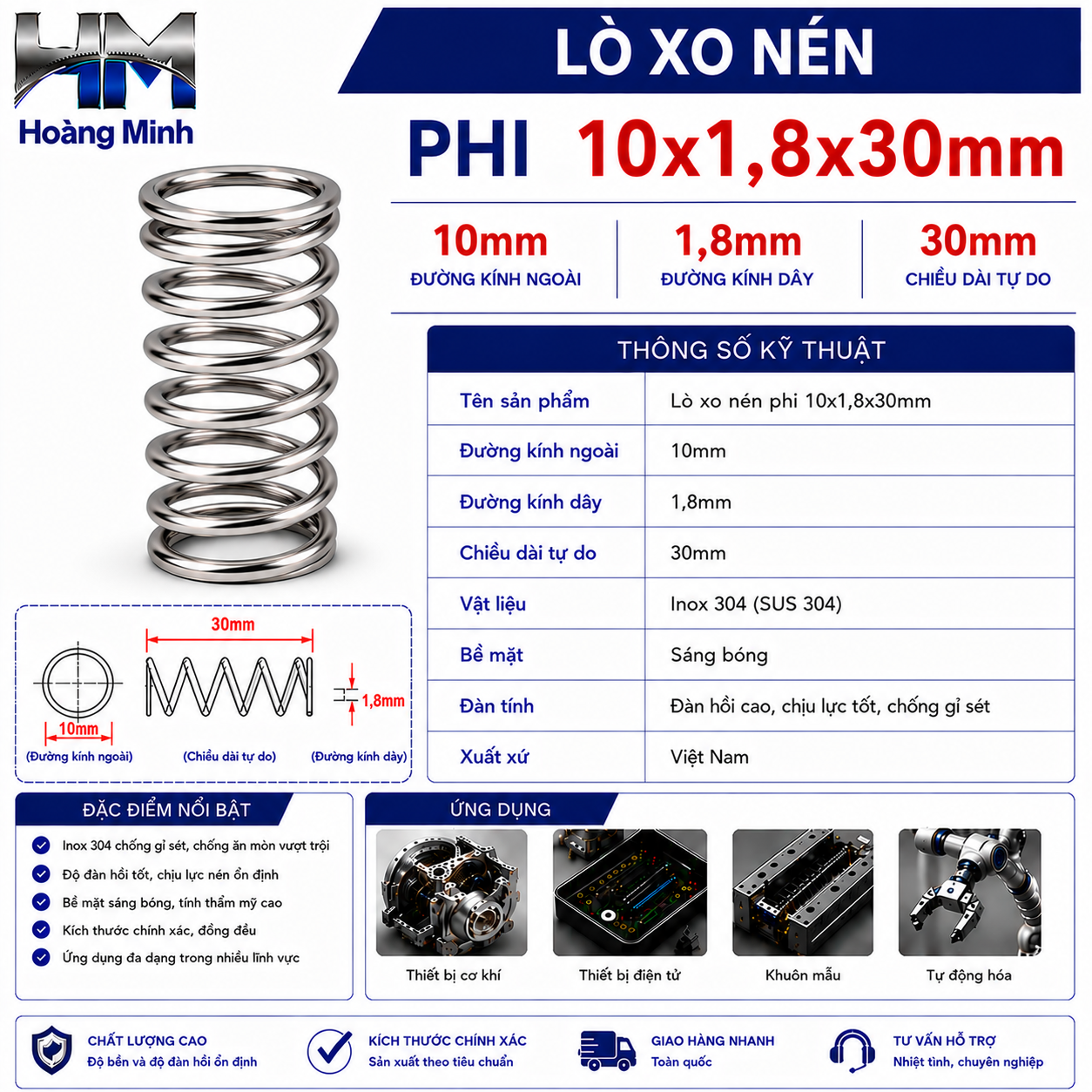 Lò xo nén phi 10x1,8x30mm