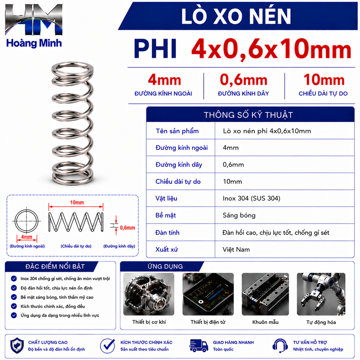 Lò xo nén phi 4x0,6x10mm