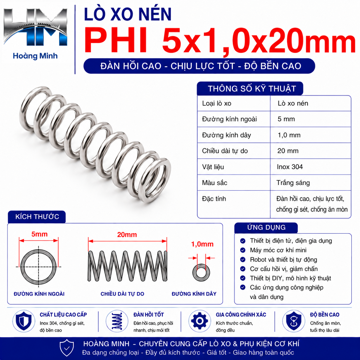 Lò xo nén phi 5x1,0x20mm