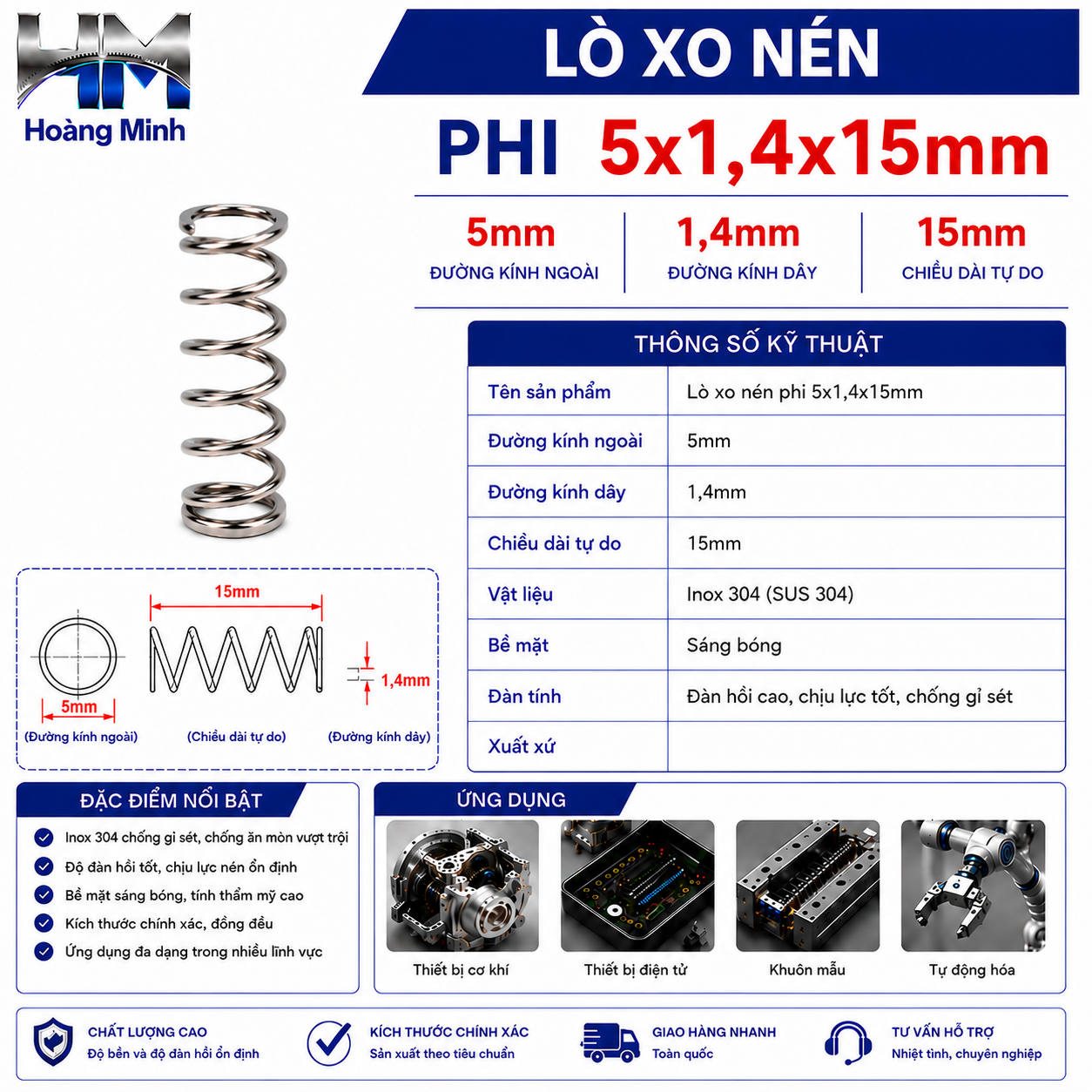 Lò xo nén phi 5x1,4x15mm