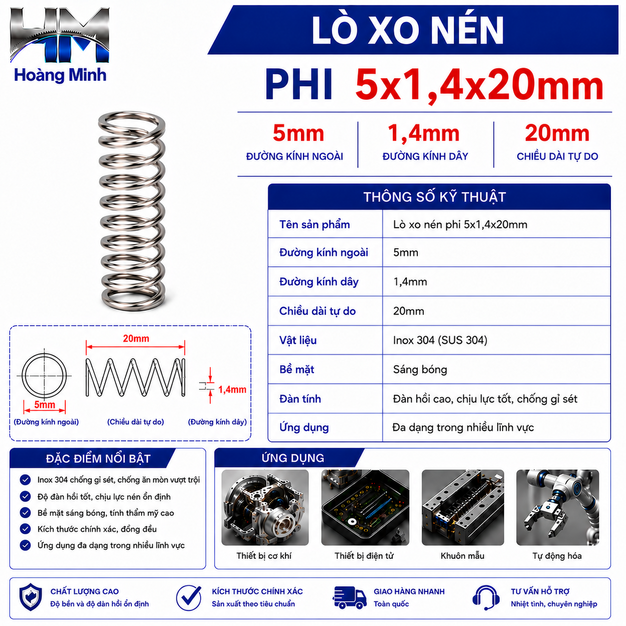 Lò xo nén phi 5x1,4x20mm