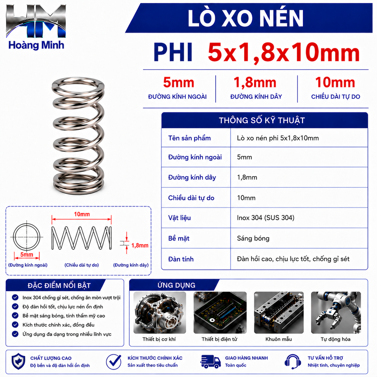 Lò xo nén phi 5x1,8x10mm
