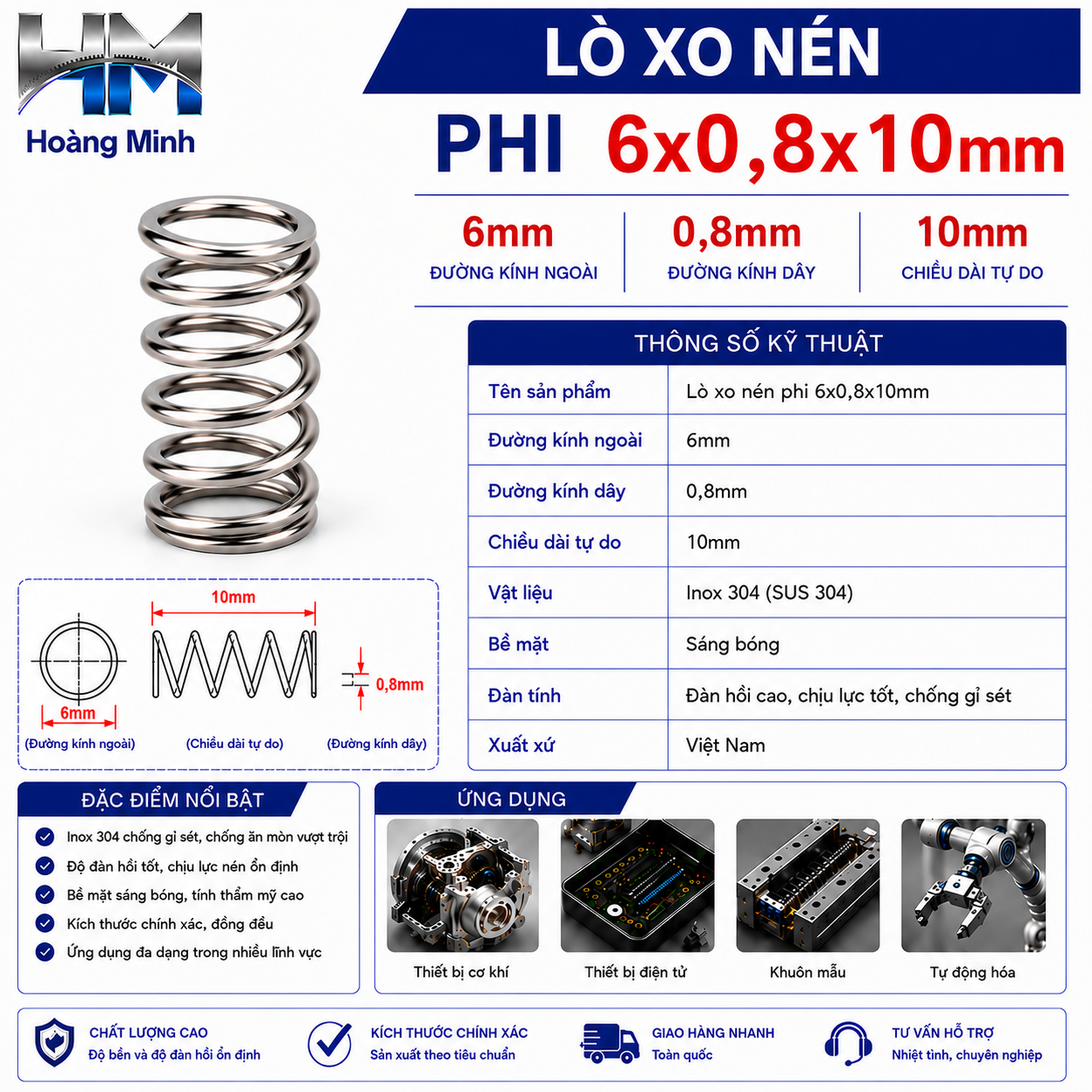 Lò xo nén phi 6x0,8x10mm