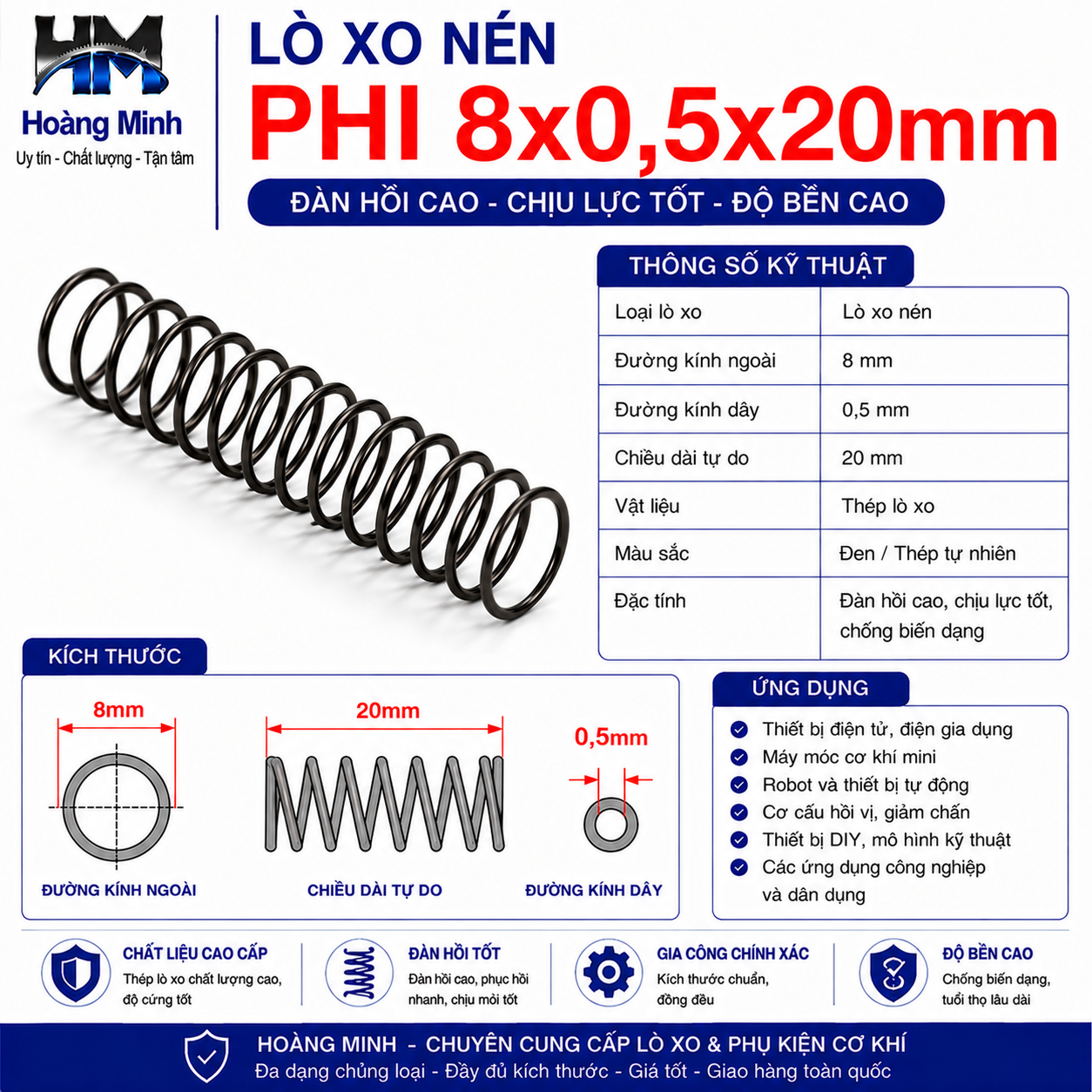 Lò xo nén phi 8x0,5x20mm