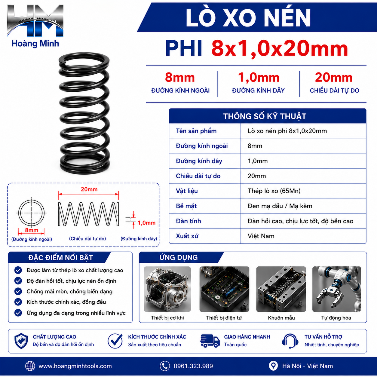 Lò xo nén phi 8x1,0x20mm