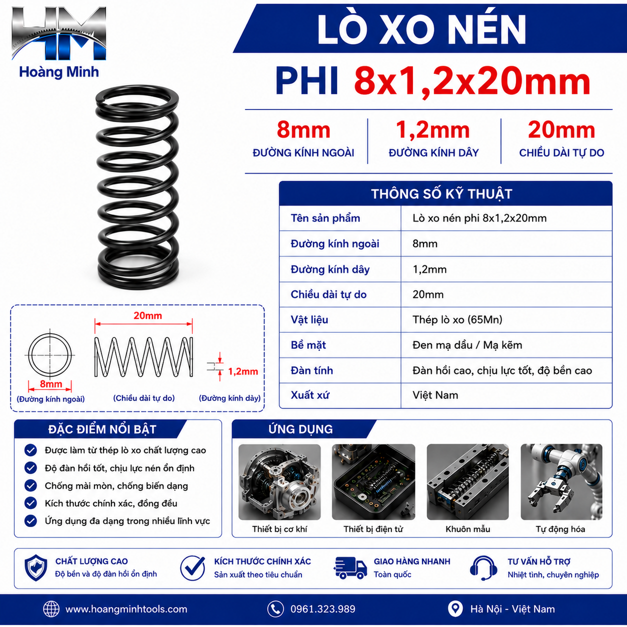 Lò xo nén phi 8x1,2x20mm