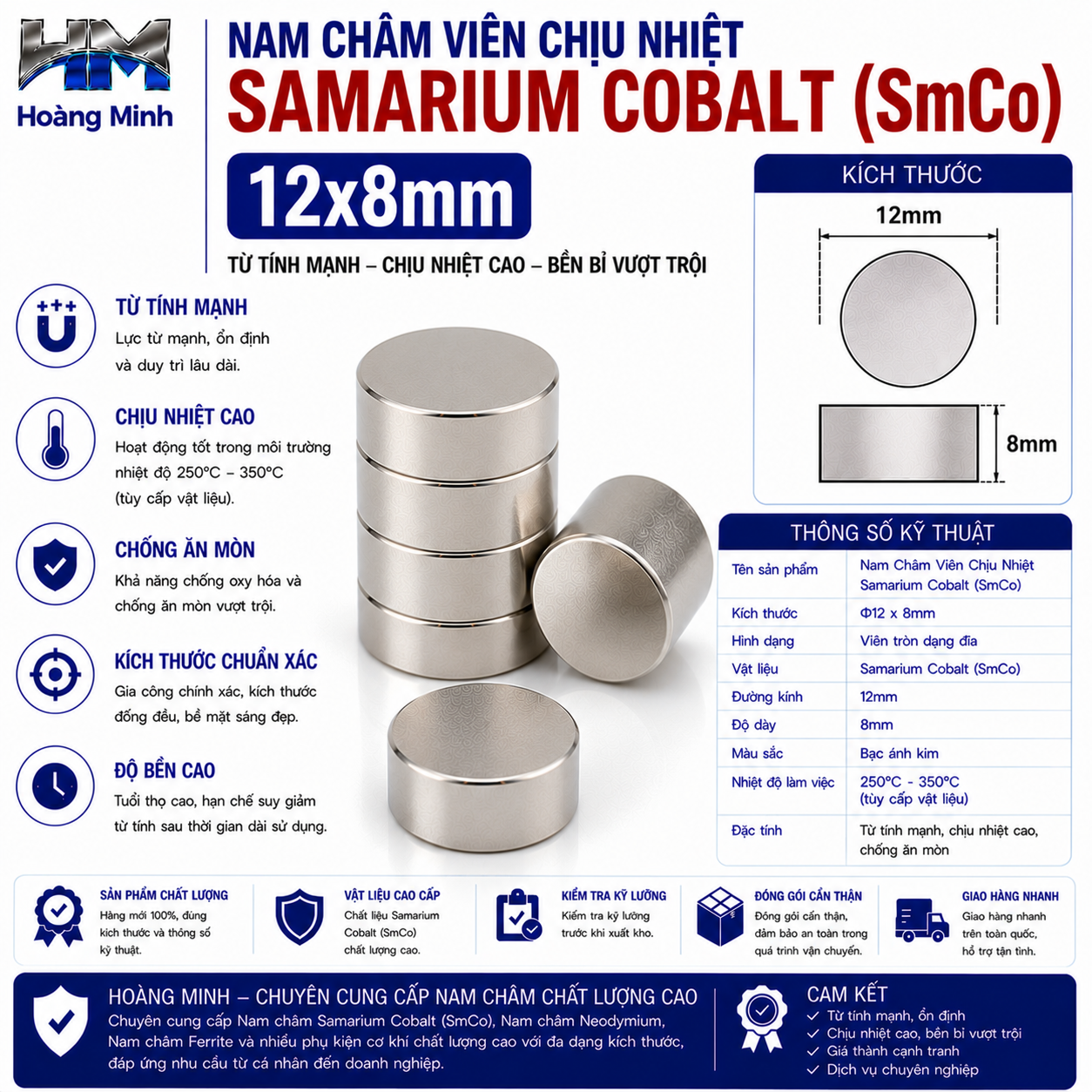 Nam Châm Viên Chịu Nhiệt Samarium Cobalt (SmCo) 12x8mm