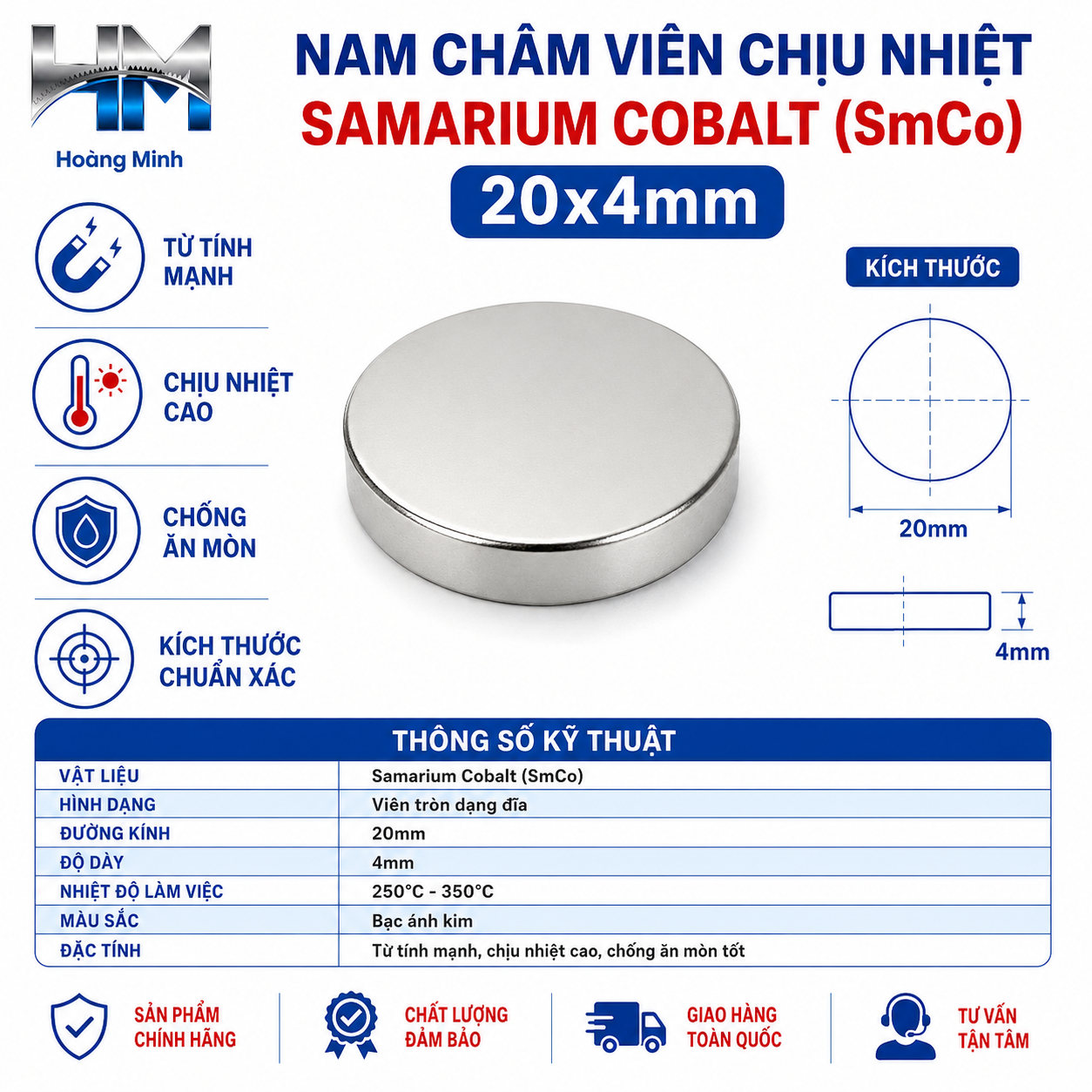 Nam Châm Viên Chịu Nhiệt Samarium Cobalt (SmCo) 20x4mm