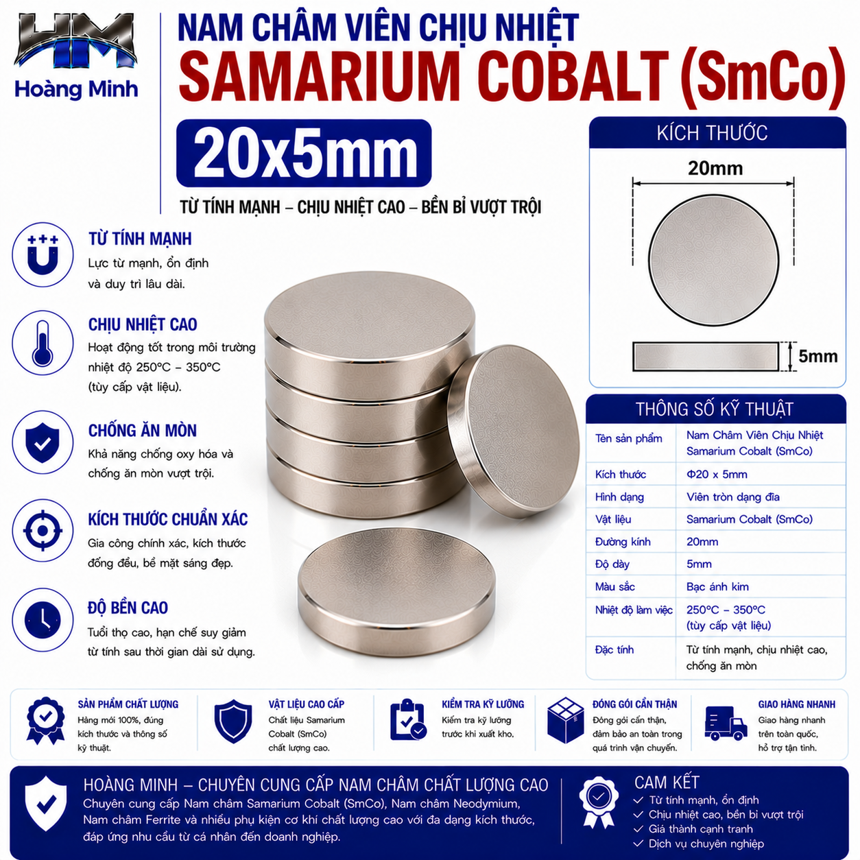 Nam Châm Viên Chịu Nhiệt Samarium Cobalt (SmCo) 20x5mm