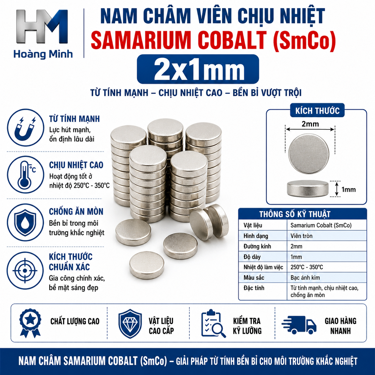 Nam Châm Viên Chịu Nhiệt Samarium Cobalt (SmCo) 2x1mm